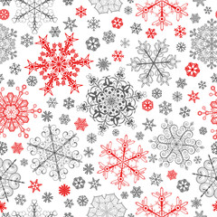 Seamless pattern of snowflakes, red and gray on white