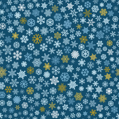 Seamless pattern of snowflakes, white, blue and brown on blue