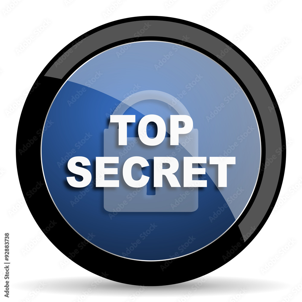 Poster top seret blue circle glossy web icon on white background, round button for internet and mobile app