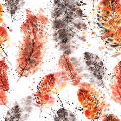 seamless pattern of colored feathers , painted in watercolor