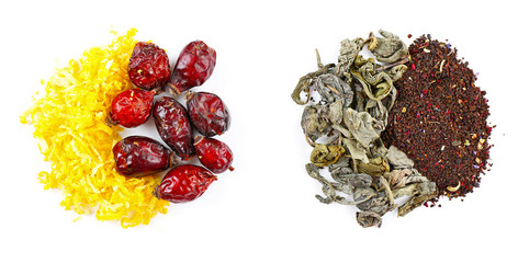 Various kinds of herbal tea and herbs spices isolated on white