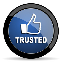trusted blue circle glossy web icon on white background, round button for internet and mobile app