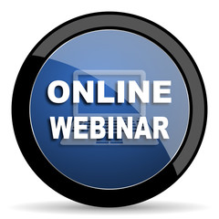 online webinar blue circle glossy web icon on white background, round button for internet and mobile app