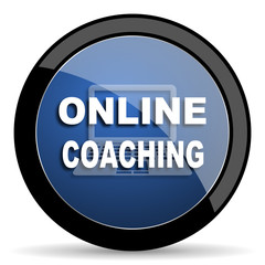 online coaching blue circle glossy web icon on white background, round button for internet and mobile app