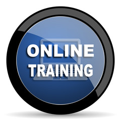 online training blue circle glossy web icon on white background, round button for internet and mobile app