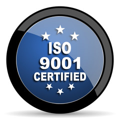 iso 9001 blue circle glossy web icon on white background, round button for internet and mobile app