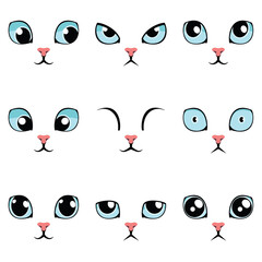 Set of funny cartoon blue cat eyes isolated on white