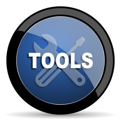 tools blue circle glossy web icon on white background, round button for internet and mobile app