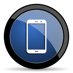 smartphone blue circle glossy web icon on white background, round button for internet and mobile app