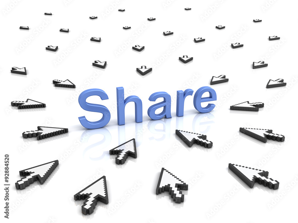 Aufkleber Share concept many arrow cursors mouse clicking share button or link on isolated white background with reflection