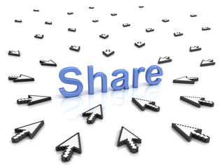 Share concept many arrow cursors mouse clicking share button or link on isolated white background with reflection