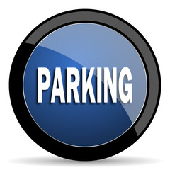 parking blue circle glossy web icon on white background, round button for internet and mobile app
