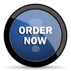 order now blue circle glossy web icon on white background, round button for internet and mobile app