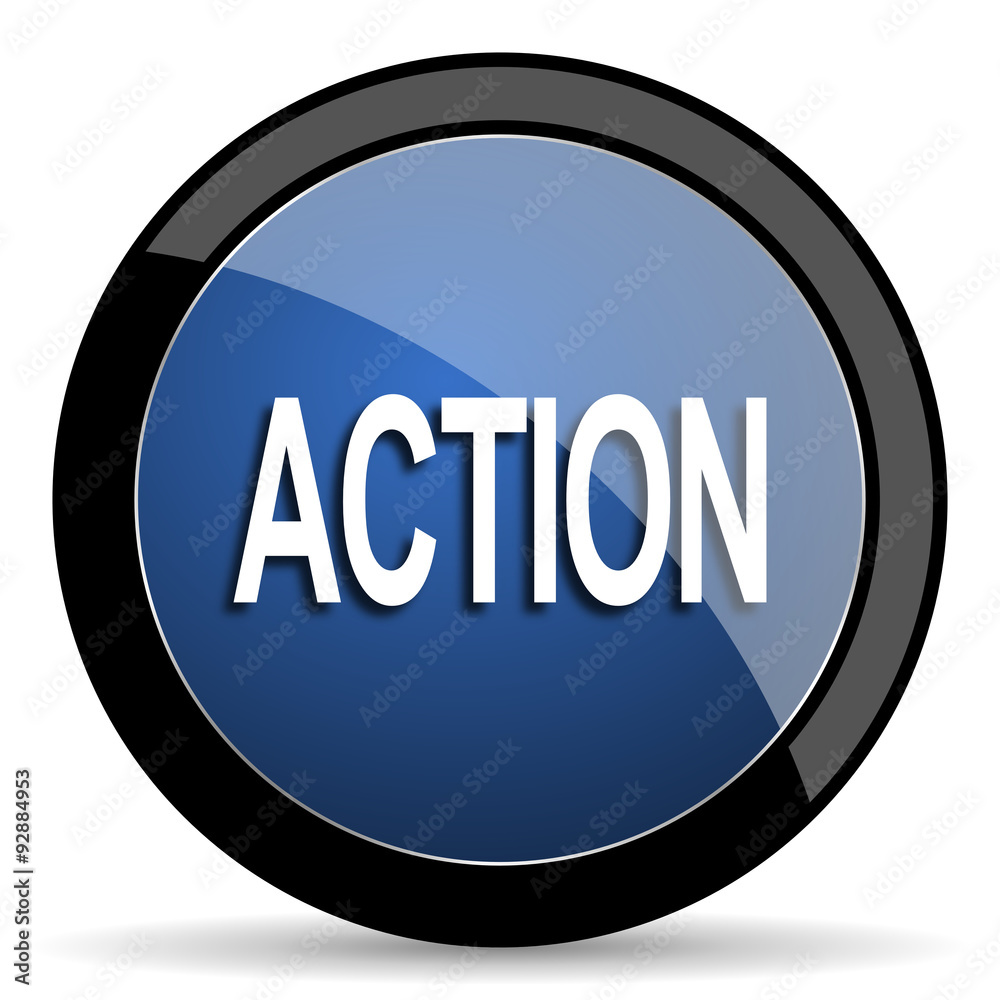 Poster action blue circle glossy web icon on white background, round button for internet and mobile app