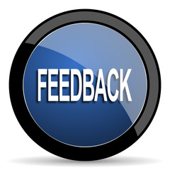 feedback blue circle glossy web icon on white background, round button for internet and mobile app