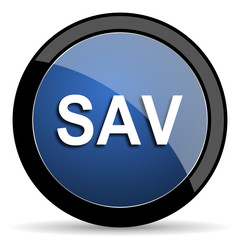 sav blue circle glossy web icon on white background, round button for internet and mobile app