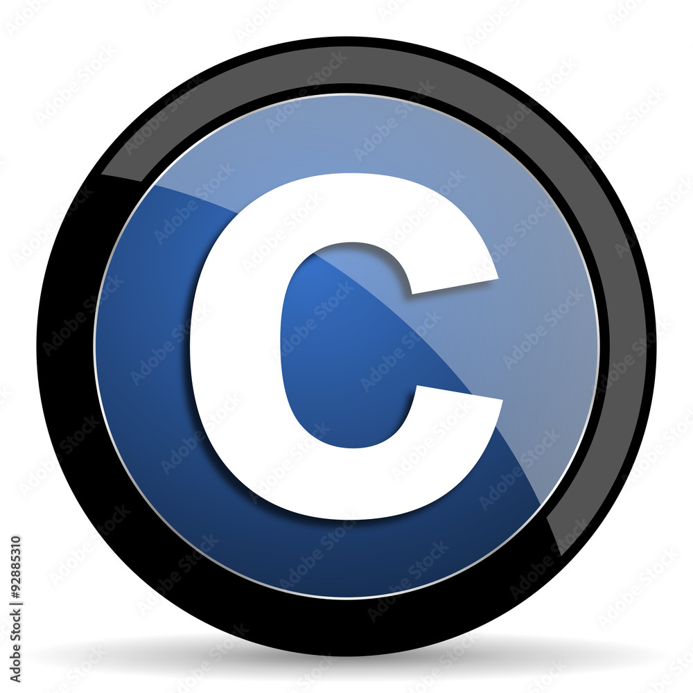 Poster copyright blue circle glossy web icon on white background, round button for internet and mobile app