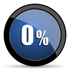 0 percent blue circle glossy web icon on white background, round button for internet and mobile app
