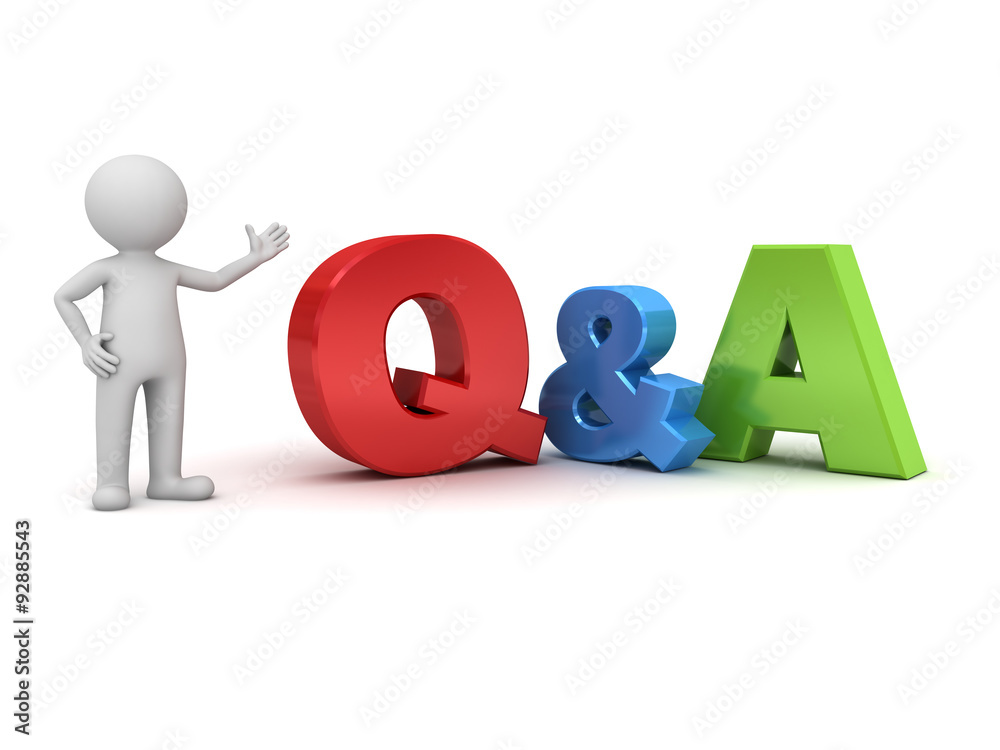 Leinwandbilder 3d man standing and presenting q and a word questions and answers concept isolated over white backgr