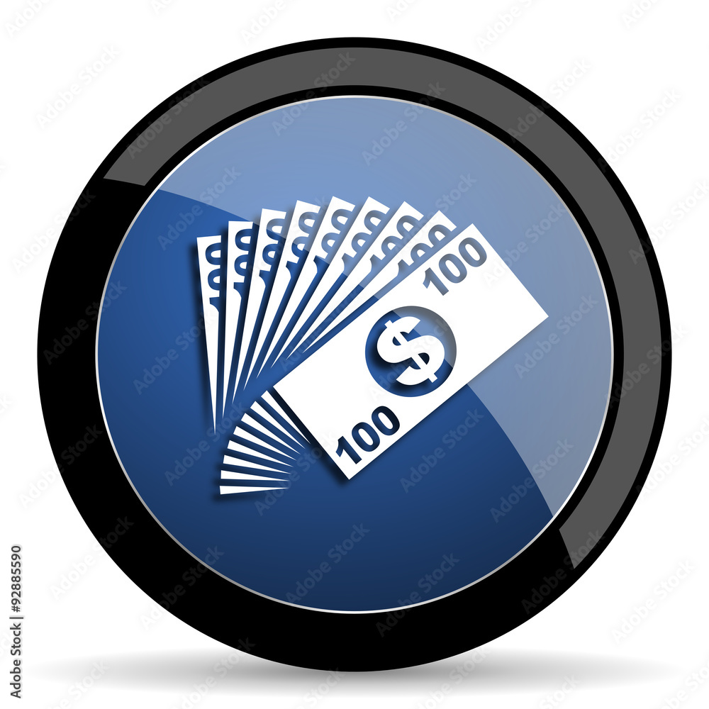 Poster money blue circle glossy web icon on white background, round button for internet and mobile app
