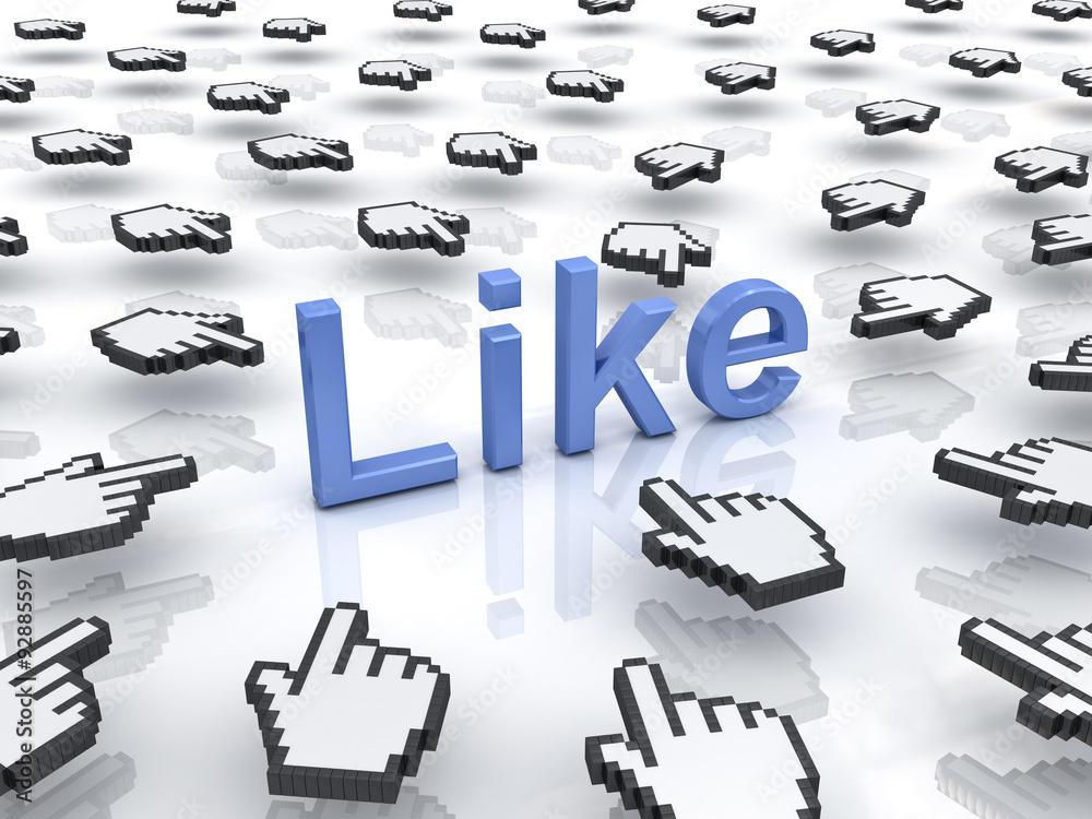 Aufkleber Like concept many hand cursors mouse clicking like button or link on white background with reflection