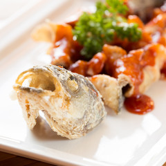 Japanese style fried sea bass, served with sweet and sour sauce
