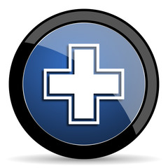 pharmacy blue circle glossy web icon on white background, round button for internet and mobile app
