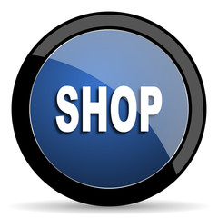 shop blue circle glossy web icon on white background, round button for internet and mobile app