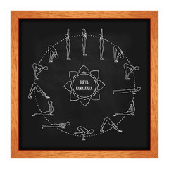 Cycle exercise in yoga. Sun salutation on the chalkboard. Silhouette outline. Texture of chalk. Vector illustration