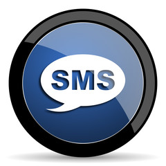 sms blue circle glossy web icon on white background, round button for internet and mobile app