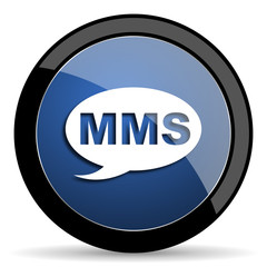 mms blue circle glossy web icon on white background, round button for internet and mobile app