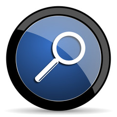 search blue circle glossy web icon on white background, round button for internet and mobile app