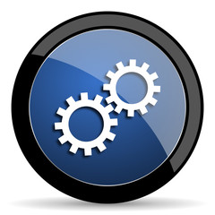 gear blue circle glossy web icon on white background, round button for internet and mobile app