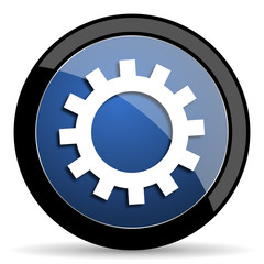 gear blue circle glossy web icon on white background, round button for internet and mobile app