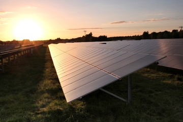 Sonnenkollektoren in einem Solarpark bei Sonnenuntergang