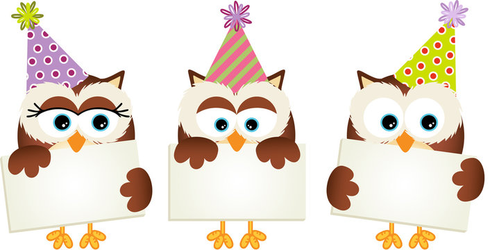 Birthday owls with signboards