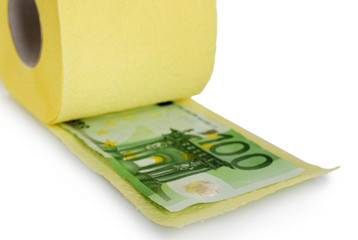 Roll of light yellow toilet paper and euro banknote on light background