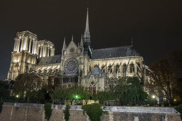 Obraz premium The cathedral Notre Dame at night , Paris, France.