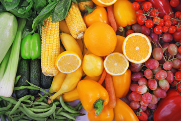 Fototapeta na wymiar Fresh fruits and vegetables closeup