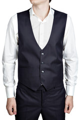 Deep blue masculine plaid waistcoat suit, isolated over white ba