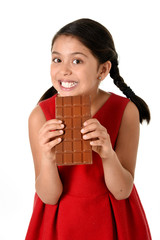 female child holding chocolate eating in happy excited face expression in sugary nutrition