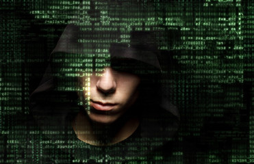 hacker at work with graphic user interface around