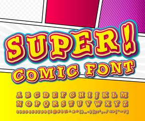 Yellow high detail comic font, alphabet. Comics, pop art