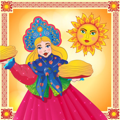 Russian young woman with pancakes