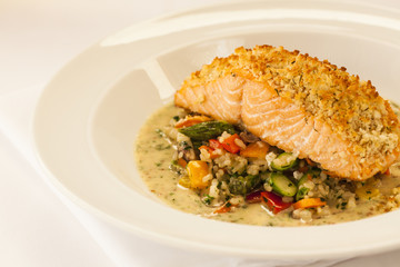 horseradish-dill crusted Scottish salmon with whole-grain mustard