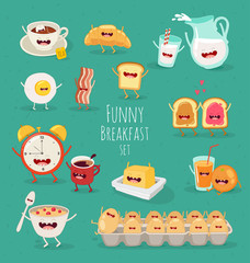 Funny breakfast set. Comic characters. Vector illustratins. - 92901307