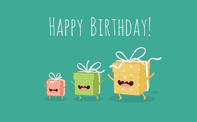 Greeting card Happy Birthday present boxes. Comic characters. Vector cartoon. - 92901313
