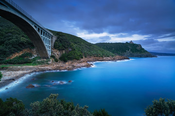 Bridge, cliff and sea. Leghorn coast, Tuscany riviera, Italy