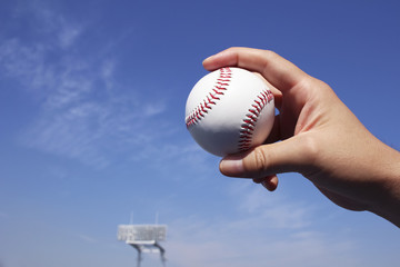 Baseball field and a ball and a blue sky