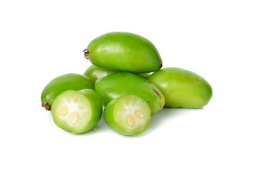 whole and cut Madan, Garcina tropical fruit on white background